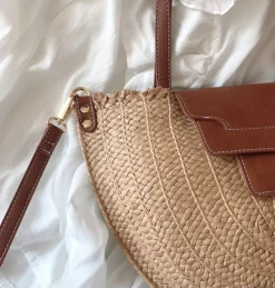 Elena Handbags Straw Half Moon Summer Purse