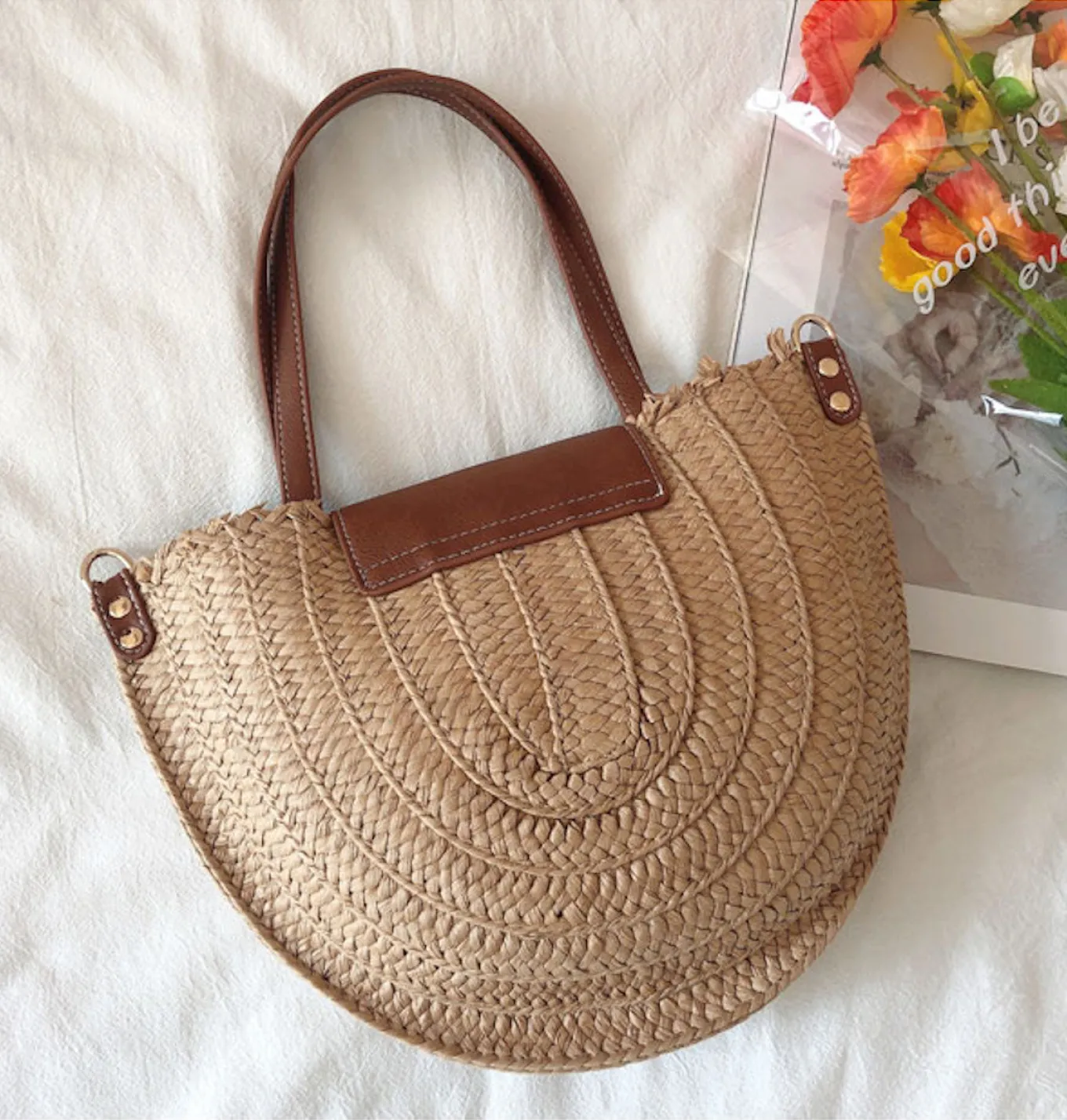 Elena Handbags Straw Half Moon Summer Purse