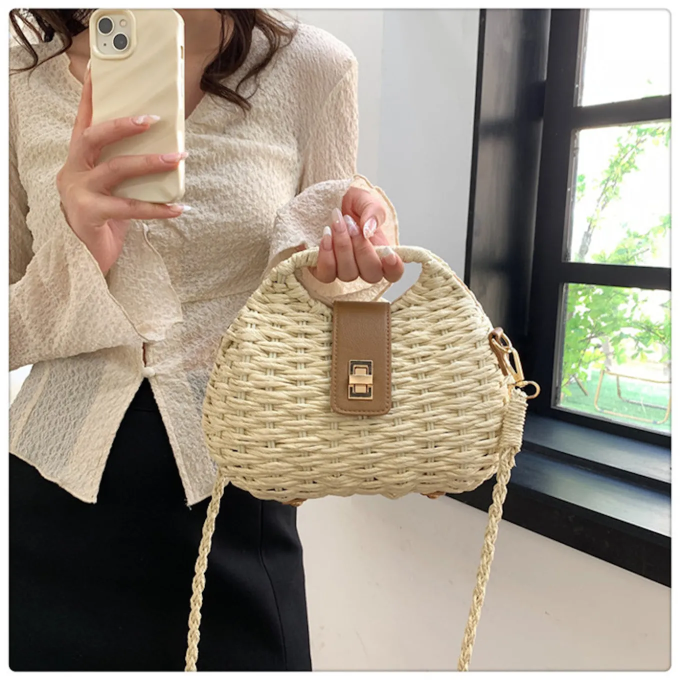 Elena Handbags Straw Shell Shape Crossbody Bag