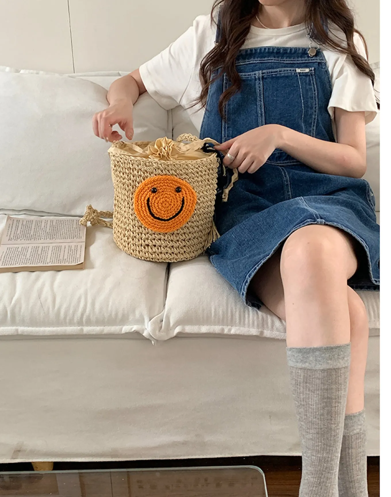 Elena Handbags Straw Smiley Face Crossbody Bag