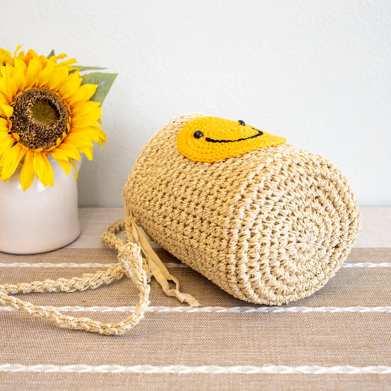 Elena Handbags Straw Smiley Face Crossbody Bag