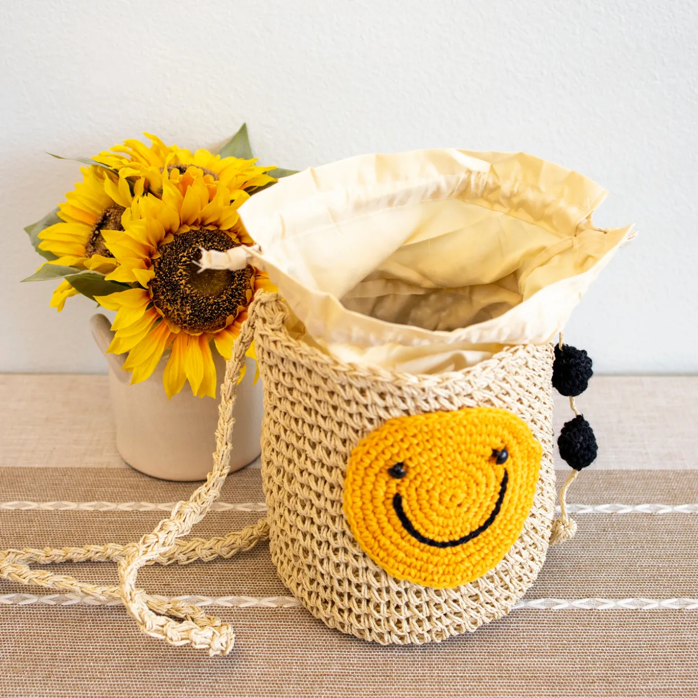Elena Handbags Straw Smiley Face Crossbody Bag