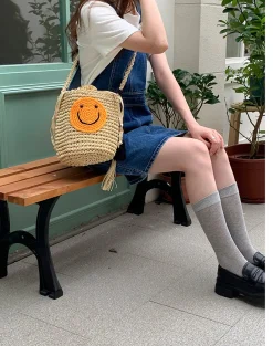 Elena Handbags Straw Smiley Face Crossbody Bag