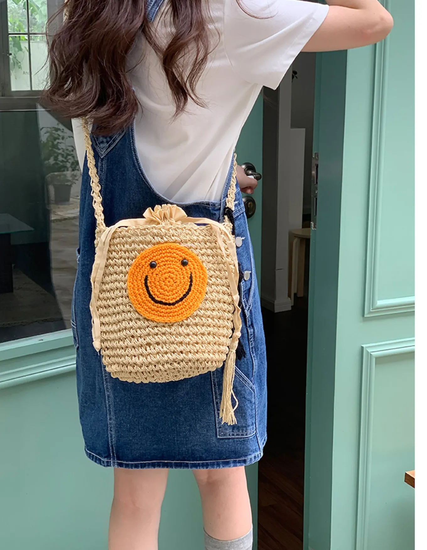 Elena Handbags Straw Smiley Face Crossbody Bag