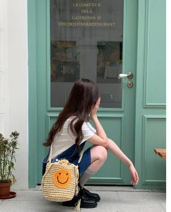Elena Handbags Straw Smiley Face Crossbody Bag