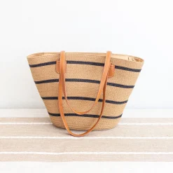 Elena Handbags Straw Summer Tote Beach Bag with Stripes