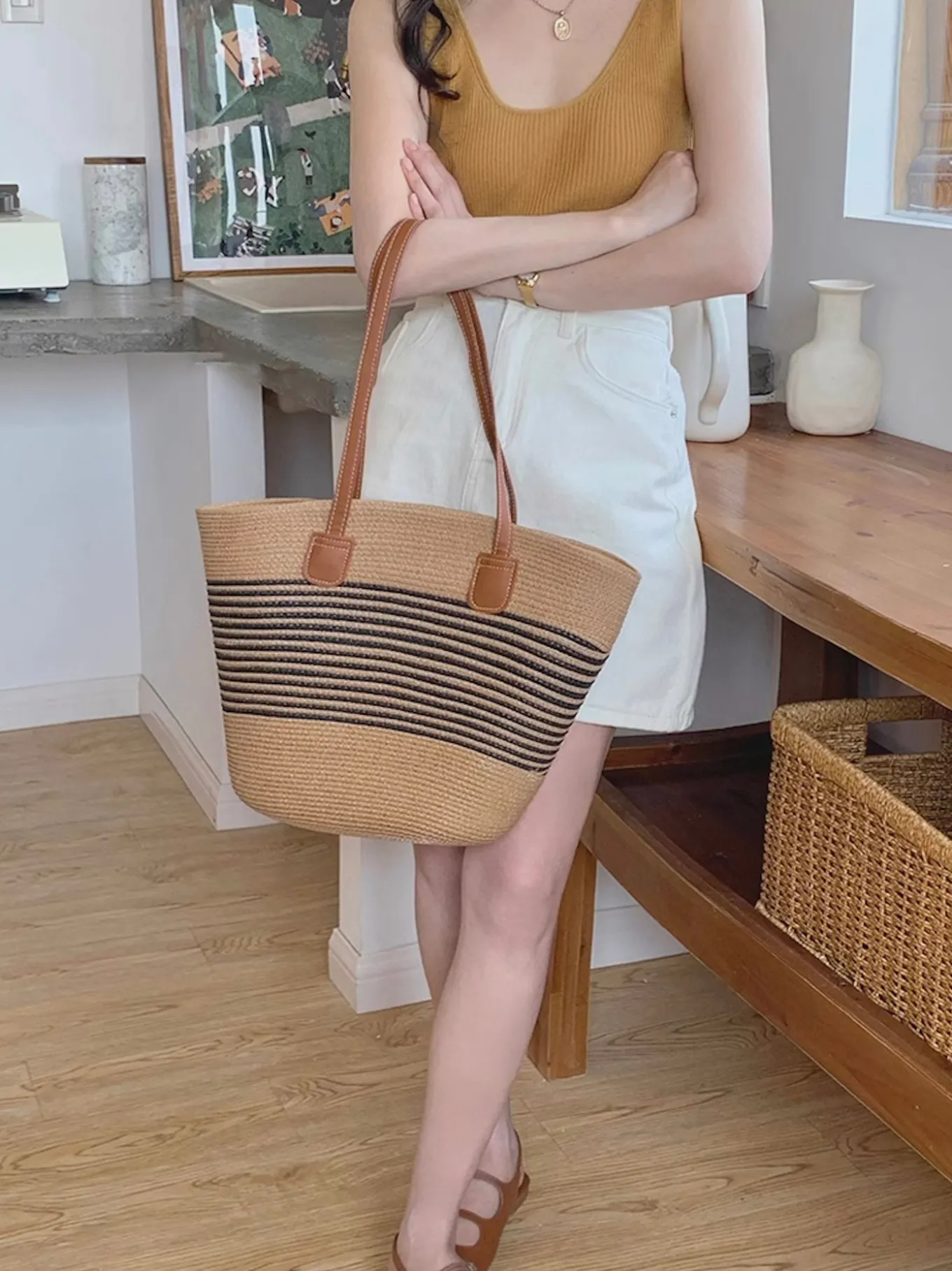 Elena Handbags Straw Summer Tote Beach Basket Bag