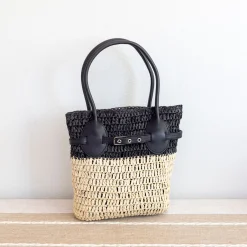 Elena Handbags Straw Top Handle Shoulder Bag with Leather Accent