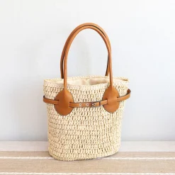 Elena Handbags Straw Top Handle Shoulder Bag with Leather Accent