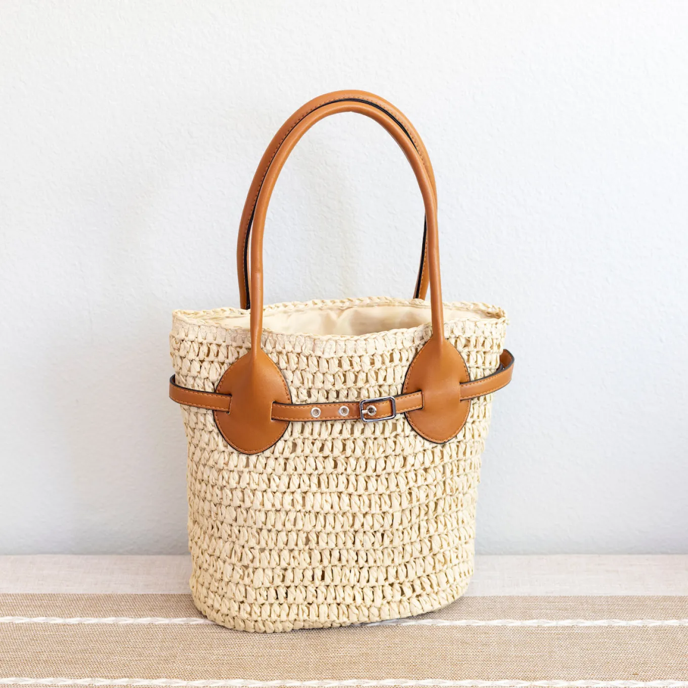 Elena Handbags Straw Top Handle Shoulder Bag with Leather Accent