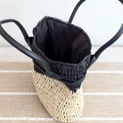 Elena Handbags Straw Top Handle Shoulder Bag with Leather Accent