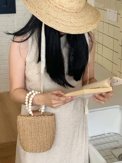 Elena Handbags Straw Top Handle Bucket Bag