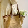 Elena Handbags Straw Woven Tote Bag with Leather Trims