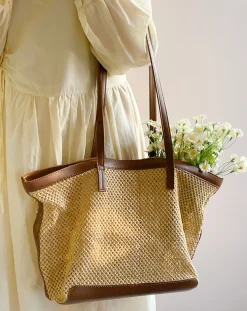 Elena Handbags Straw Woven Tote Bag with Leather Trims