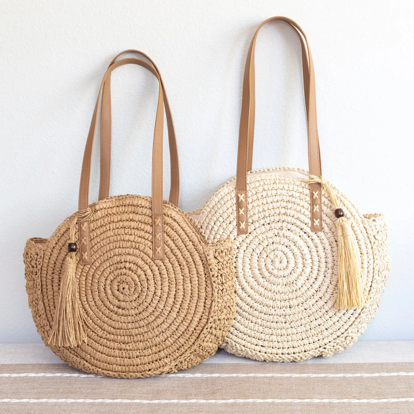 Elena Handbags Straw Woven Round Tote with Leather Strap and Tassel