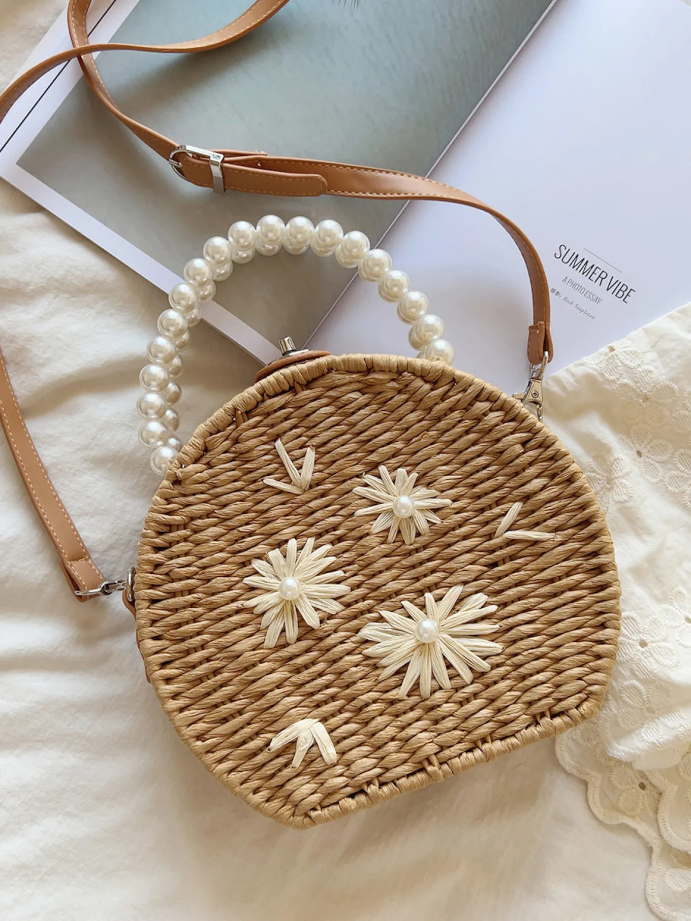 Elena Handbags Straw Woven Round Shoulder Purse