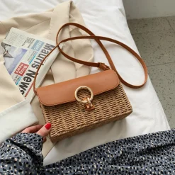 Elena Handbags Straw Woven Box Bag with Leather Flap