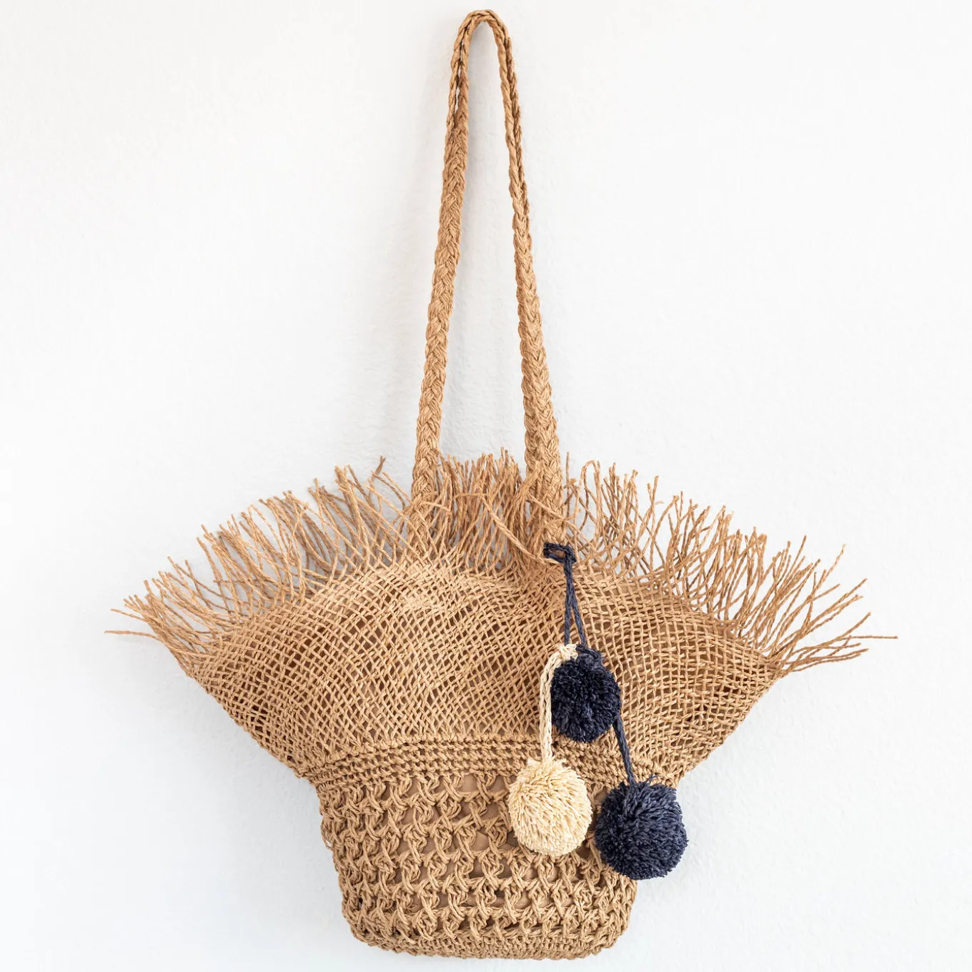 Elena Handbags Straw Woven Hat Shape Tote with Pom Pom