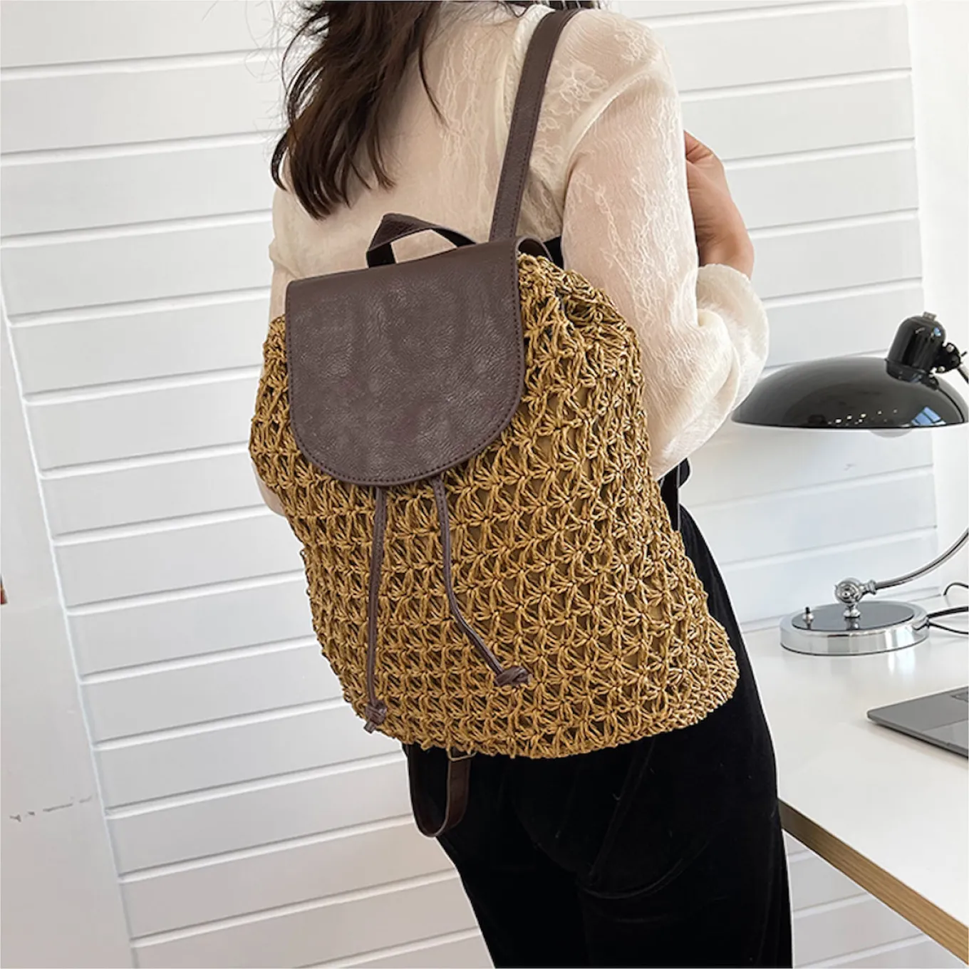 Elena Handbags Straw Woven Backpack with Leather Strap and Flap