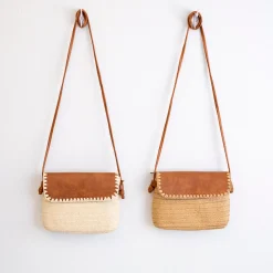 Elena Handbags Straw Woven Messenger Bag with Leather Flap