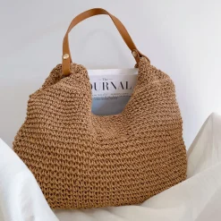 Elena Handbags Straw Woven Tote with Leather Straps