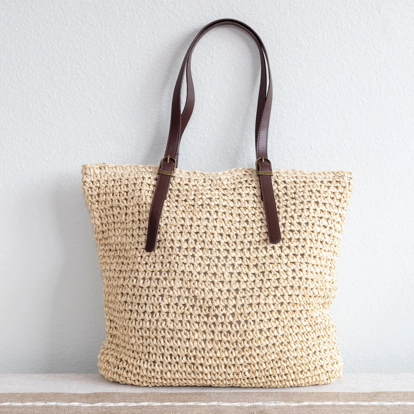 Elena Handbags Straw Woven Tote Bag with Leather Strap