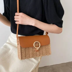 Elena Handbags Straw Woven Box Bag with Leather Flap