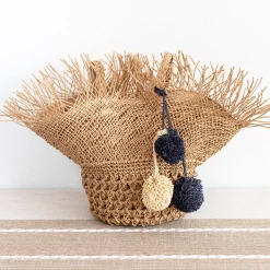 Elena Handbags Straw Woven Hat Shape Tote with Pom Pom