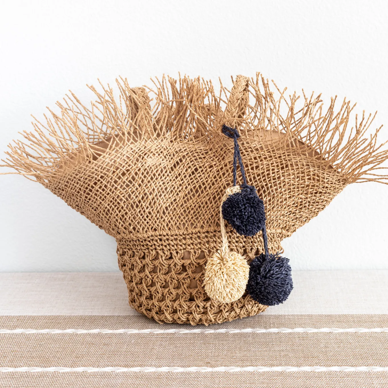 Elena Handbags Straw Woven Hat Shape Tote with Pom Pom
