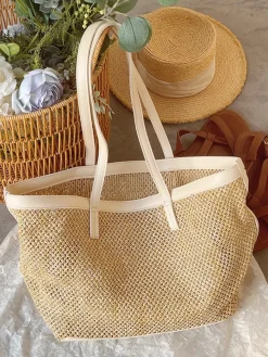 Elena Handbags Straw Woven Tote Bag with Leather Trims