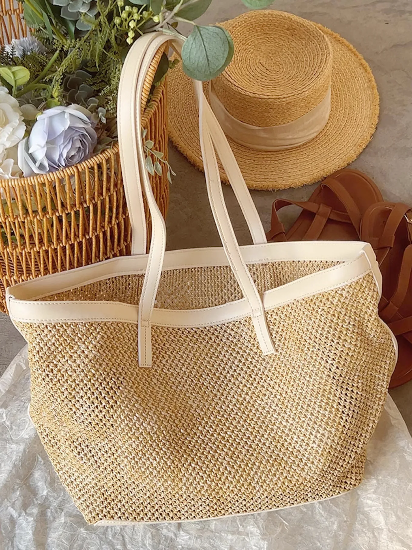Elena Handbags Straw Woven Tote Bag with Leather Trims