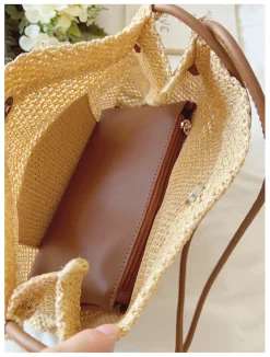 Elena Handbags Straw Woven Shoulder Bag with Leather Accent