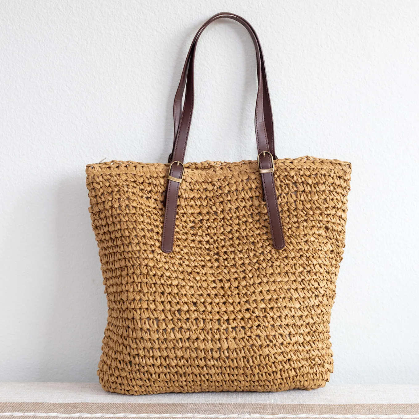 Elena Handbags Straw Woven Tote Bag with Leather Strap