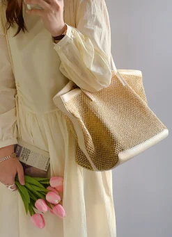 Elena Handbags Straw Woven Tote Bag with Leather Trims