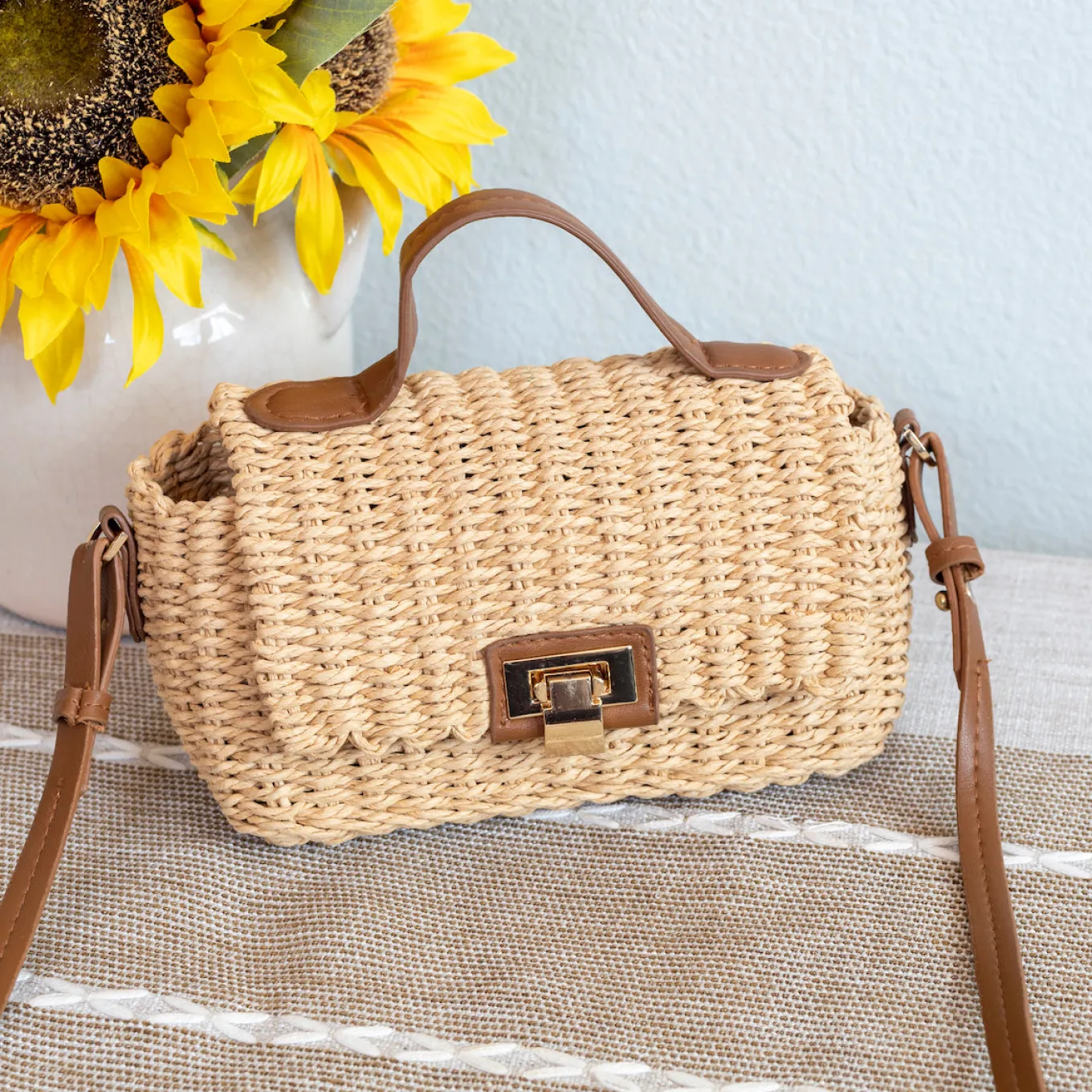 Elena Handbags Straw Woven Mini Flap Bag