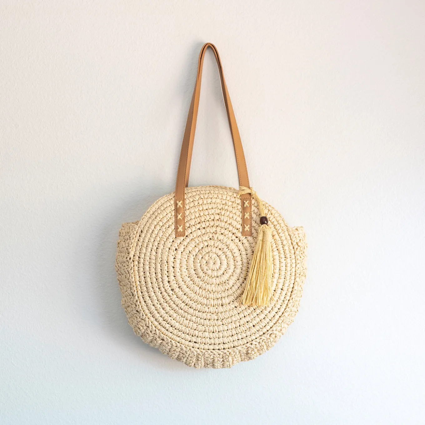 Elena Handbags Straw Woven Round Tote with Leather Strap and Tassel