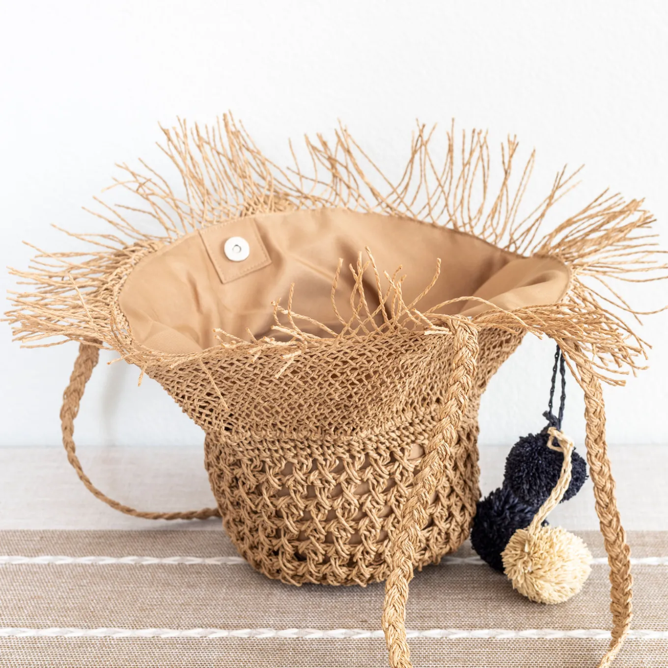 Elena Handbags Straw Woven Hat Shape Tote with Pom Pom