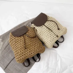 Elena Handbags Straw Woven Backpack with Leather Strap and Flap