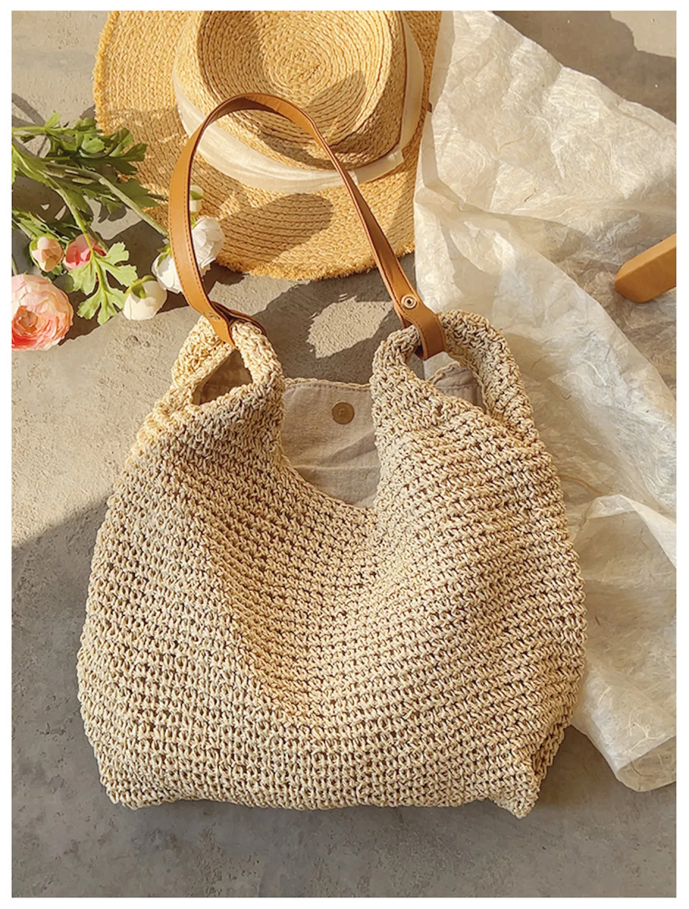 Elena Handbags Straw Woven Tote with Leather Straps