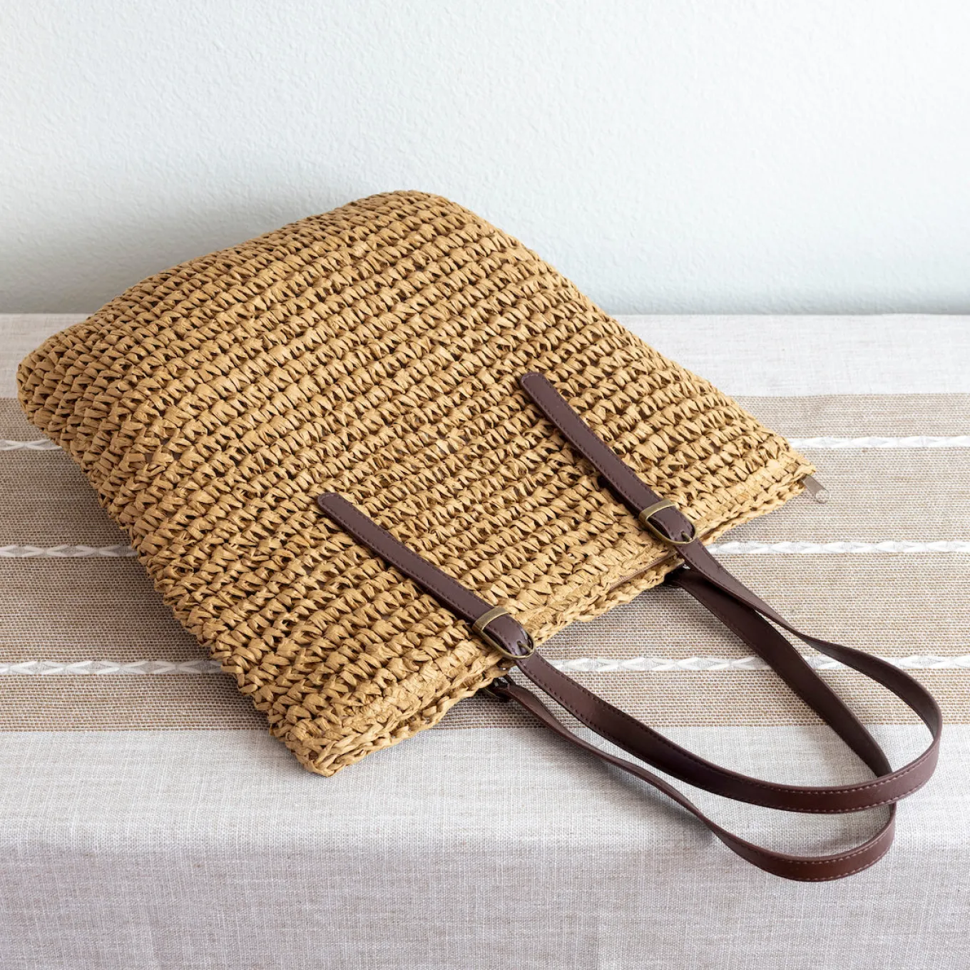 Elena Handbags Straw Woven Tote Bag with Leather Strap