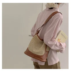 Elena Handbags Straw Woven Work Shoulder Bag with Leather Accent