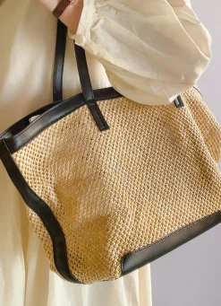 Elena Handbags Straw Woven Tote Bag with Leather Trims