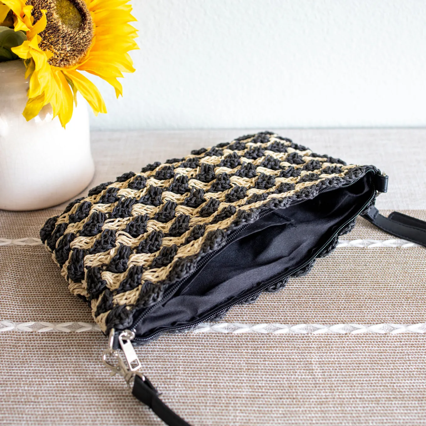 Elena Handbags Straw Woven Striped Crossbody Bag