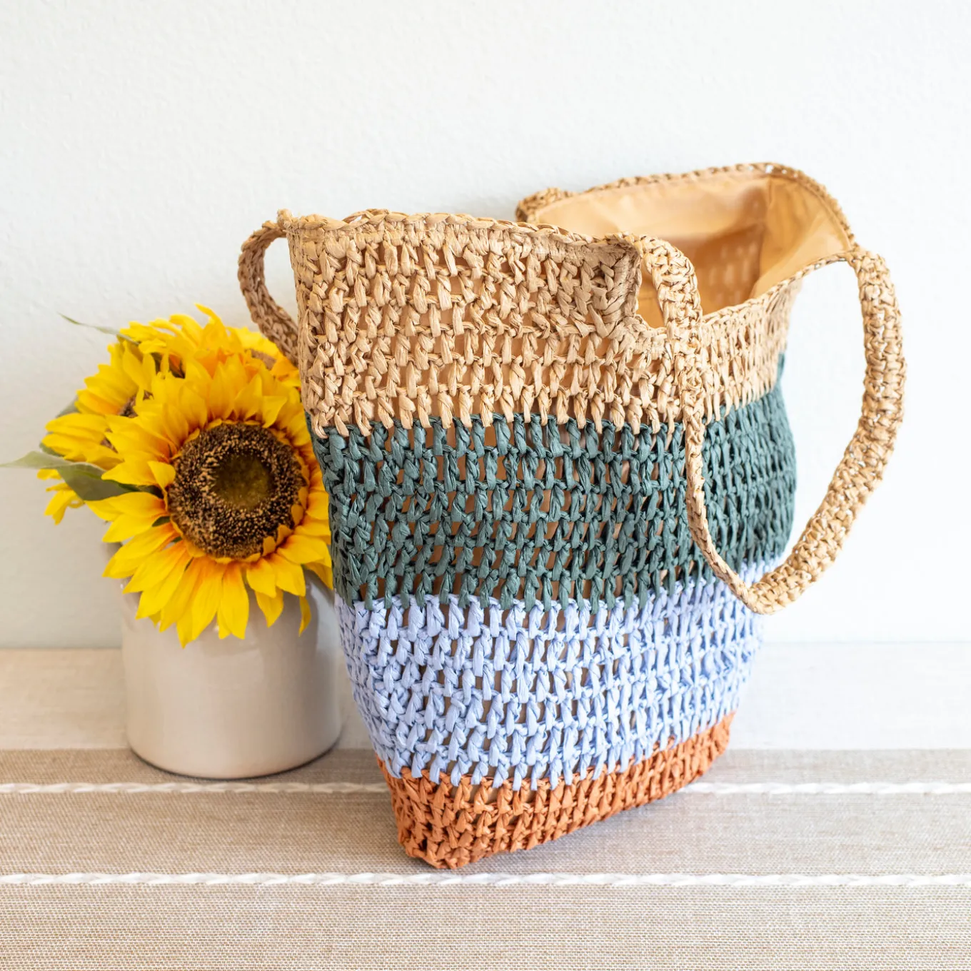 Elena Handbags Straw Woven Summer Color Block Tote