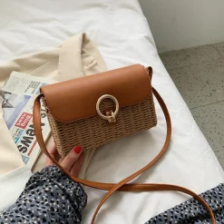 Elena Handbags Straw Woven Box Bag with Leather Flap