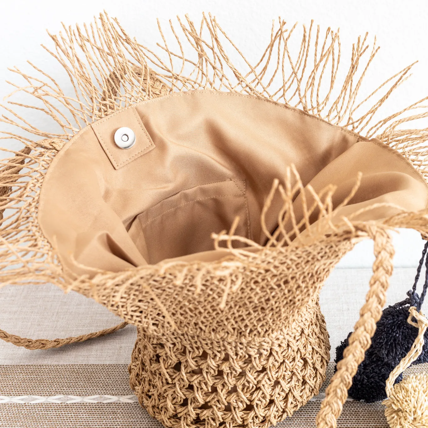 Elena Handbags Straw Woven Hat Shape Tote with Pom Pom