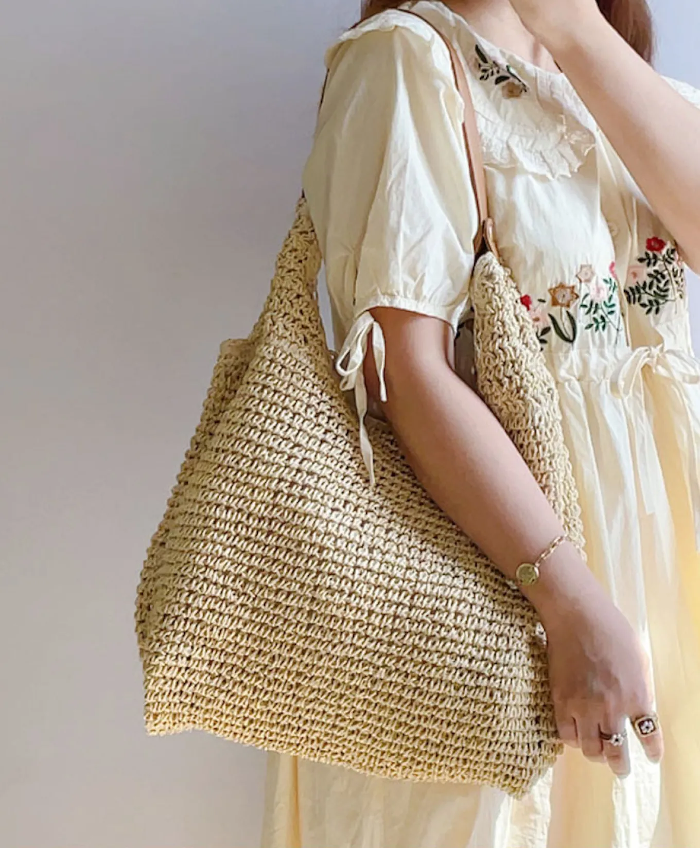 Elena Handbags Straw Woven Tote with Leather Straps