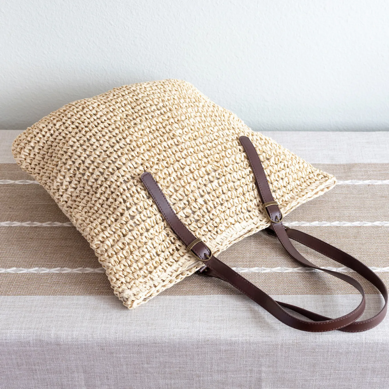 Elena Handbags Straw Woven Tote Bag with Leather Strap