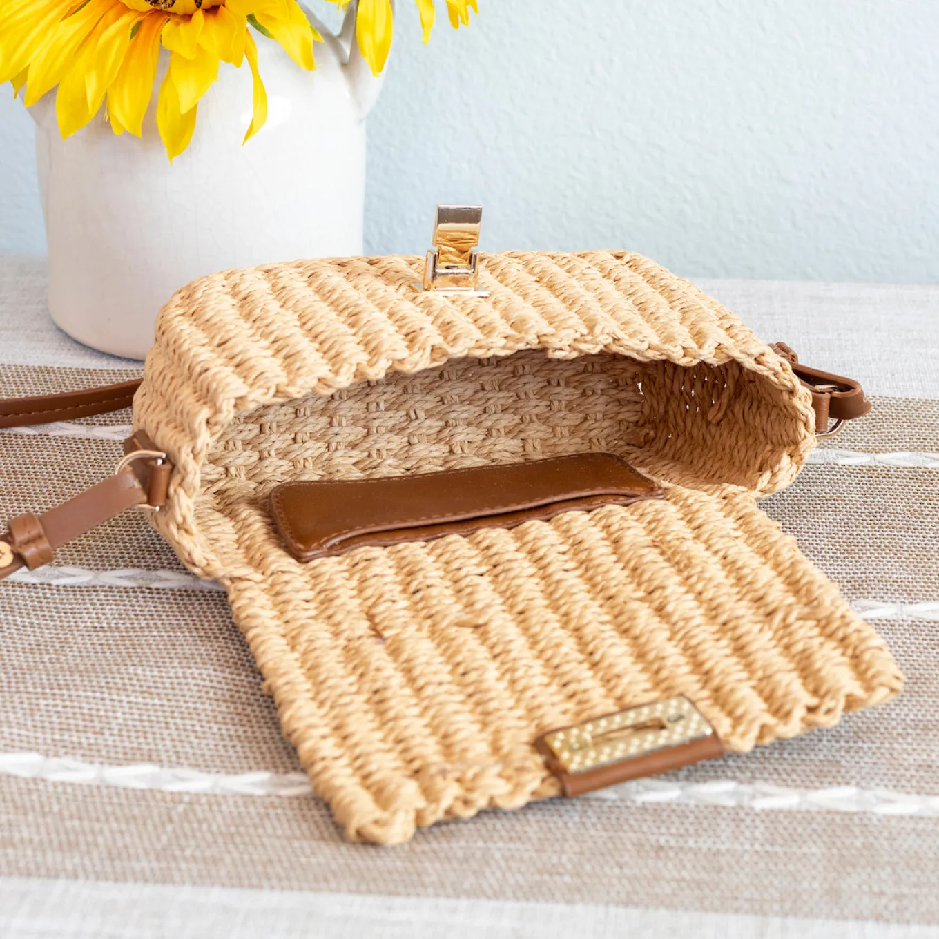 Elena Handbags Straw Woven Mini Flap Bag