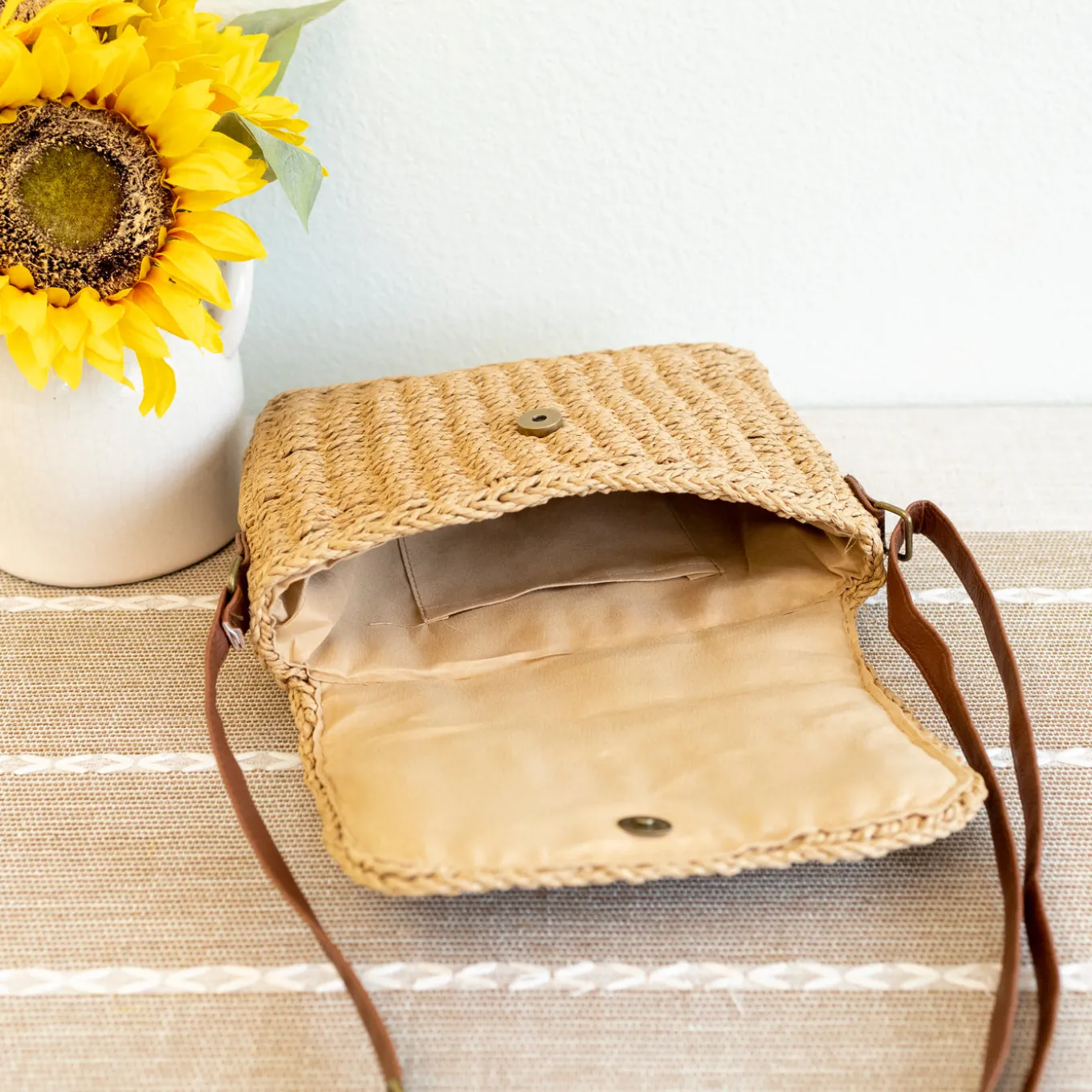 Elena Handbags Straw Woven Messenger Bag with Flap